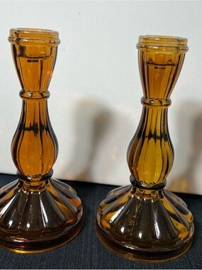 Vintage Style Amber Glass Candlestick Pair - Elegant Home Accents